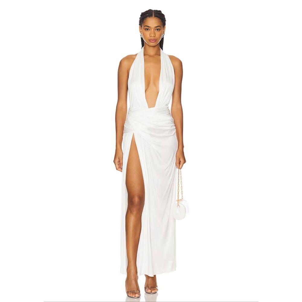 Courtney Zheng Selene Plunge Jersey Gown in White Size Small $710